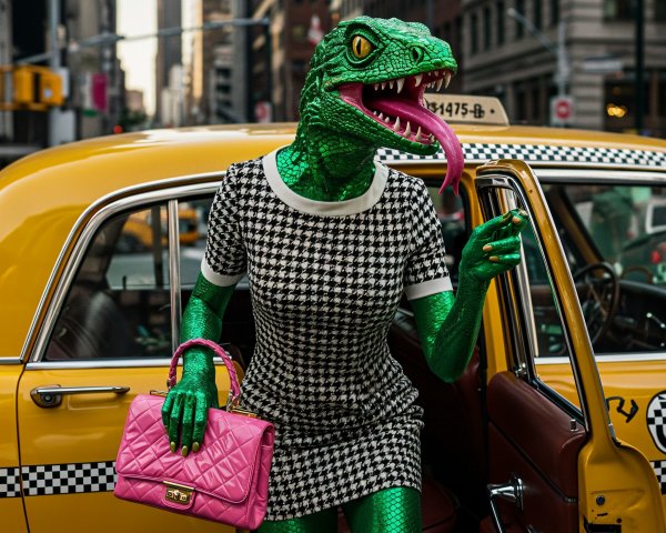 Vibrant Lizard Person in Urban Fashion Scene