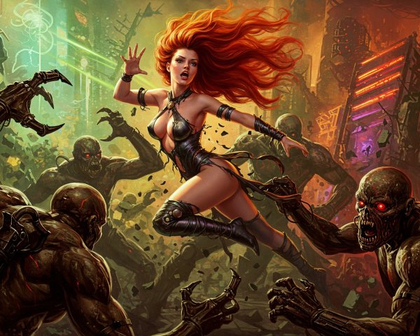 Dystopian Warrior Faces Zombie Creatures in Neon Chaos
