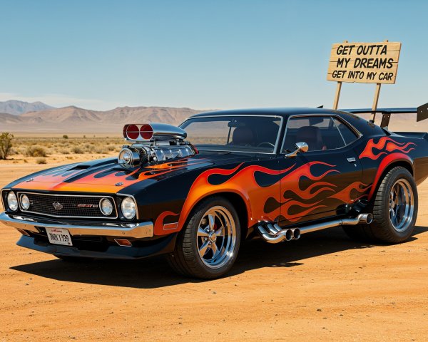 Classic Muscle Car with Black Body and Flame Design