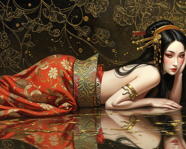 Elegant Woman in Red and Gold Floral Outfit