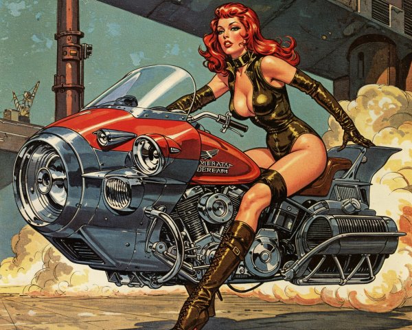 Confident Woman on Futuristic Motorcycle Illustration