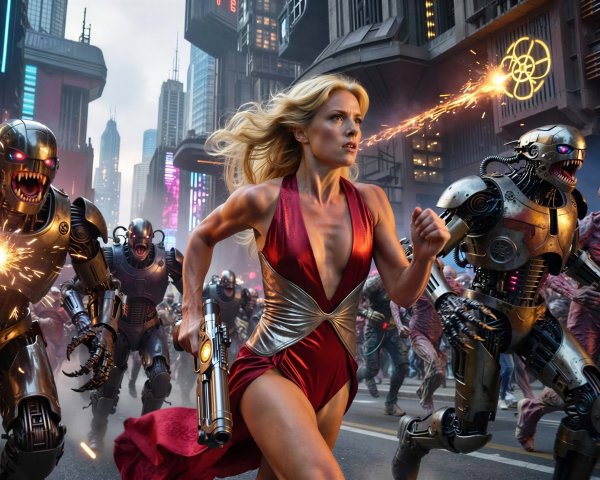 Woman with muscular arms running in futuristic city scene