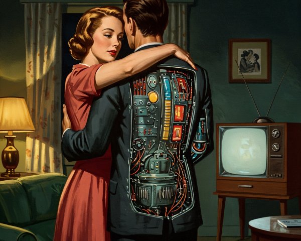 Retro Living Room with Vintage Decor and Sci-Fi Elements