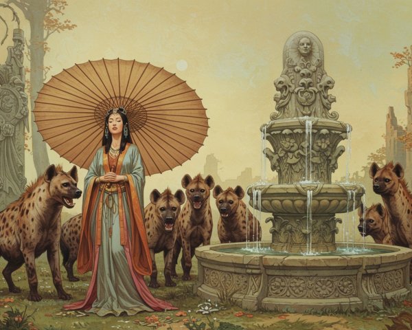 Serene Woman in Traditional Attire by Fountain with Hyenas