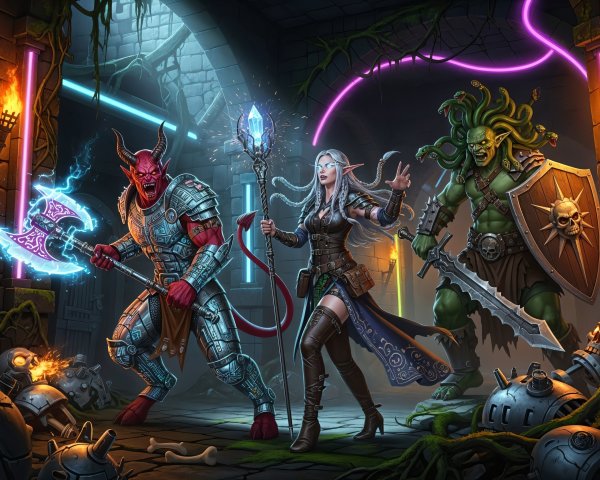 High-fantasy illustration of adventurers in a dungeon