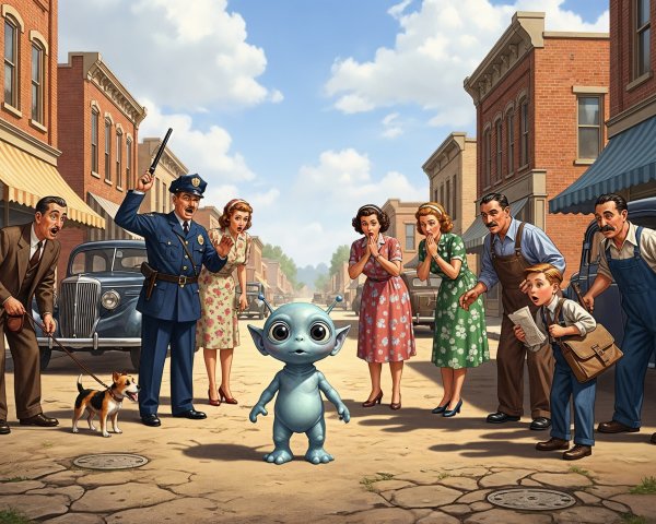 Blue Alien in Mid-20th Century Town Street Scene