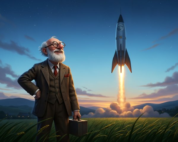 Elderly Scientist in Field with Rocket Launching Behind