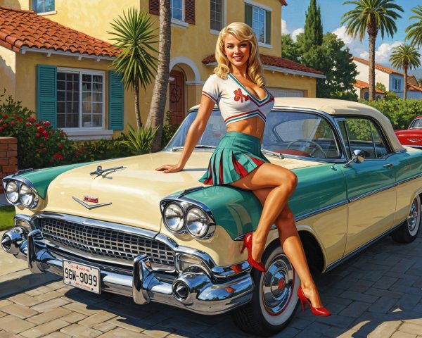 Cheerleader Outfit on Vintage Car in Suburban Setting