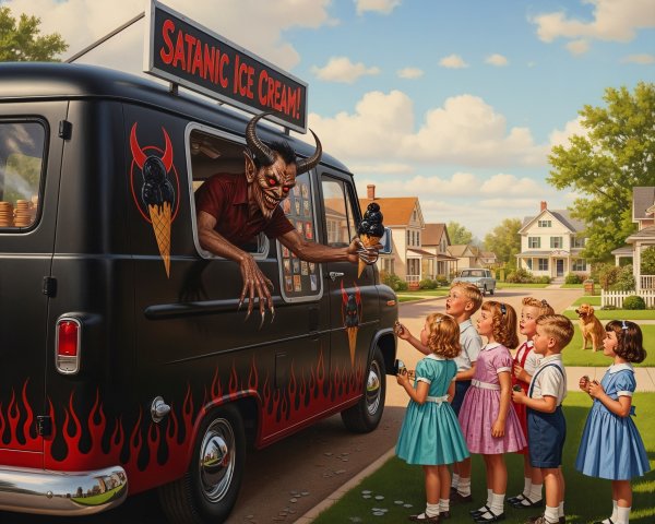 Sinister Ice Cream Truck with Devil Figurines and Kids