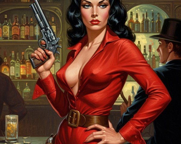 Glamorous Woman with Revolver in Dimly Lit Bar