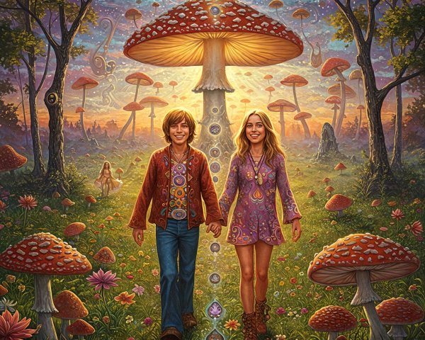 Children in a vibrant landscape with oversized mushrooms