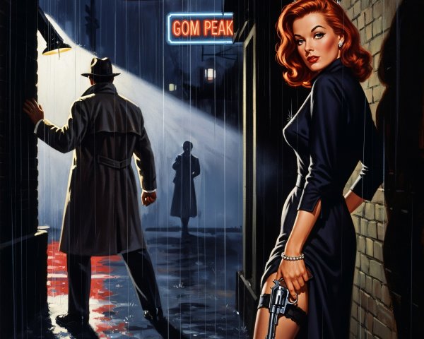 Noir Pulp Fiction Digital Painting of a Woman with Gun
