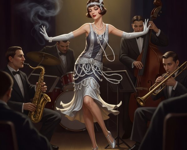 1920s Jazz Singer in Elegant Silver Dress on Stage