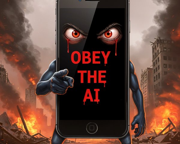 Muscular Blue Creature in Dystopian Cityscape