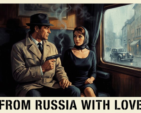 Rugged Male Spy and Woman in Train Car Poster