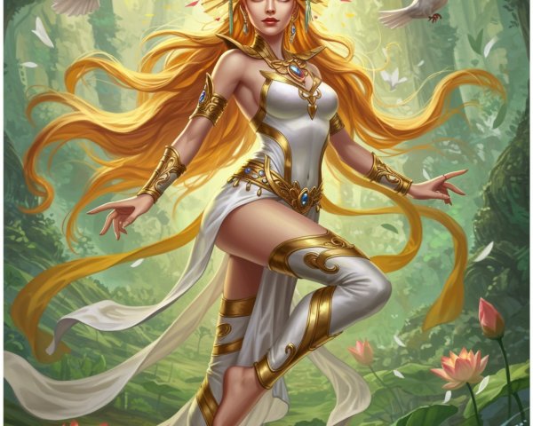 Mystical Figure Surrounded by Lotus Flowers and Doves