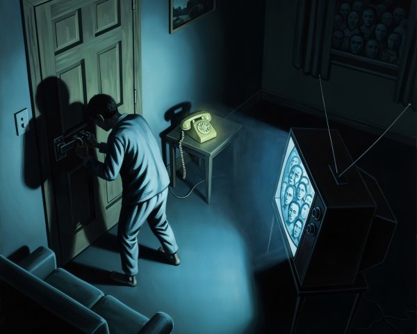 Anxious man in pajamas observes eerie static scene