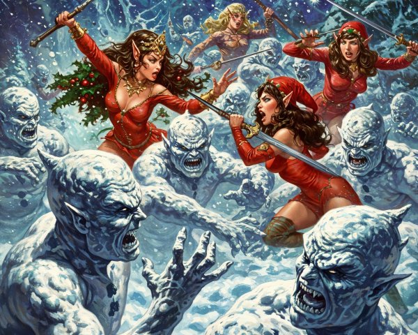 Female Warriors Battle Snowmen in Festive Landscape