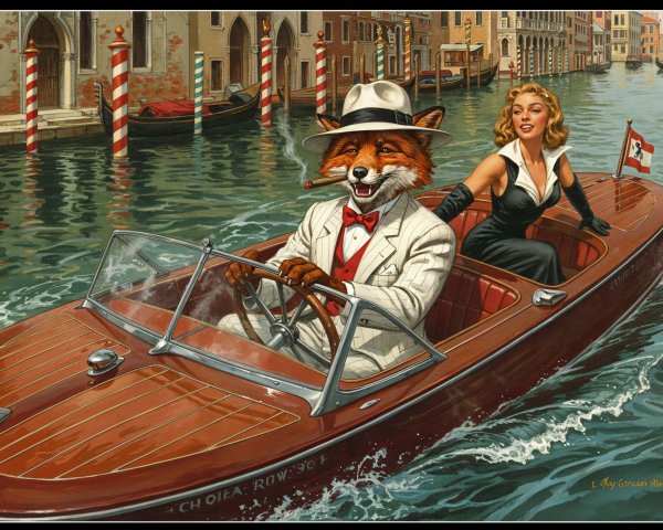 Fox in Suit Navigates Vintage Boat in Venetian Canal