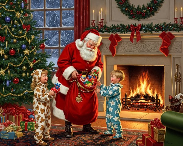 Symmetrical Painting of Santa Claus with Children at Christmas