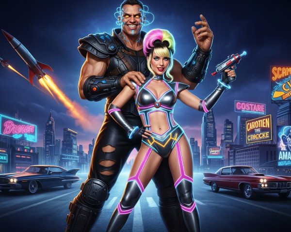 Futuristic couple in a vibrant cyberpunk city scene
