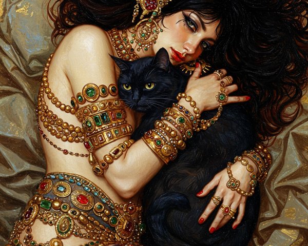 Elegant Woman with Jewelry and Black Cat in Luxe Setting