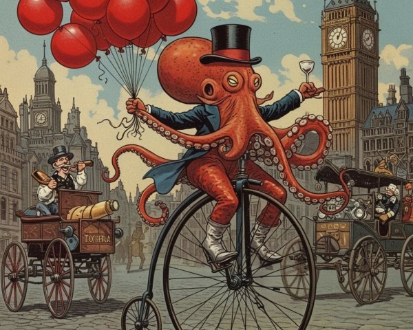 Animated Octopus on Penny-Farthing in London Scene
