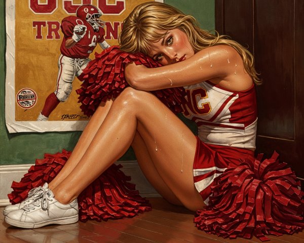Young Cheerleader in USC Uniform with Pom-Poms