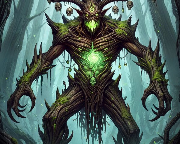 Sinister Wooden Figure in a Misty Forest Setting