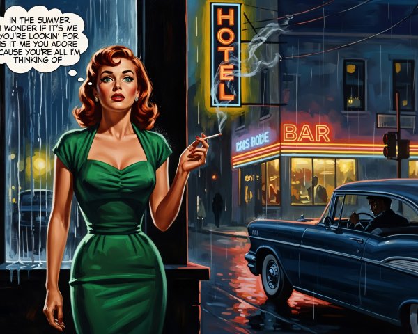 Retro Comic Illustration of Woman on Rainy Night