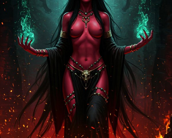 Female figure in dark attire amidst flames and energy orbs