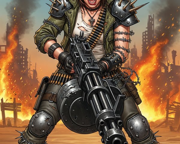 Fierce Female Warrior in Post-Apocalyptic Landscape