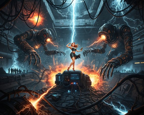 Futuristic Dance Amidst Robots and Electric Chaos