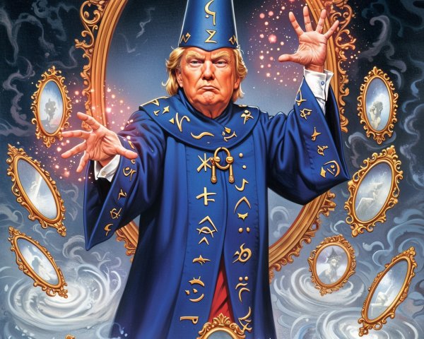 Wizard in Blue Robe Surrounded by Ornate Mirrors