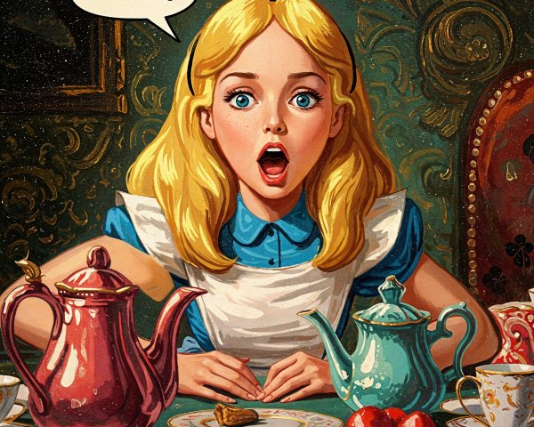 Young girl in blue dress at a whimsical tea party