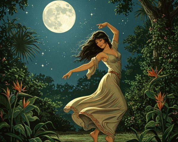 Woman dancing in a moonlit forest with flowers