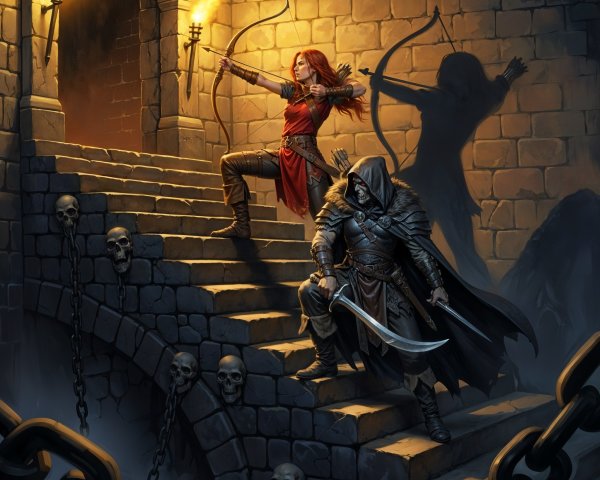 Female Archer and Warrior in Castle Interior Scene