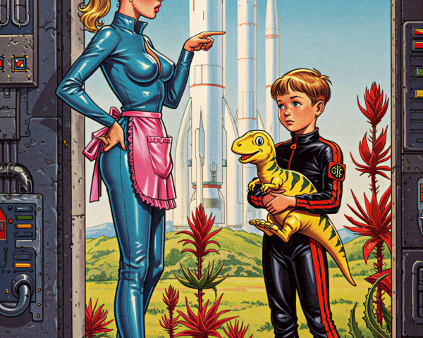 Futuristic Scene with Woman in Blue Jumpsuit and Boy