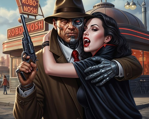 Cyborg and Glamorous Woman in Retro-Futuristic Diner