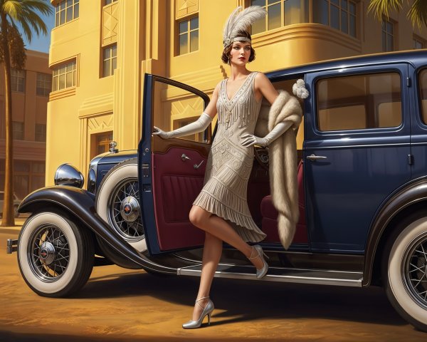 Glamorous Flapper Woman Exiting Vintage Car in 1920s