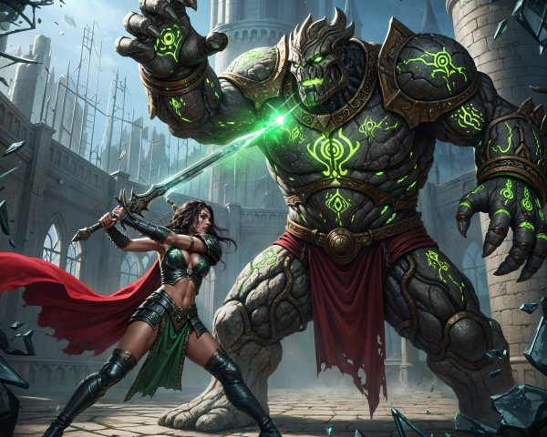 Warrior Woman Faces Stone Golem in Ruined Castle