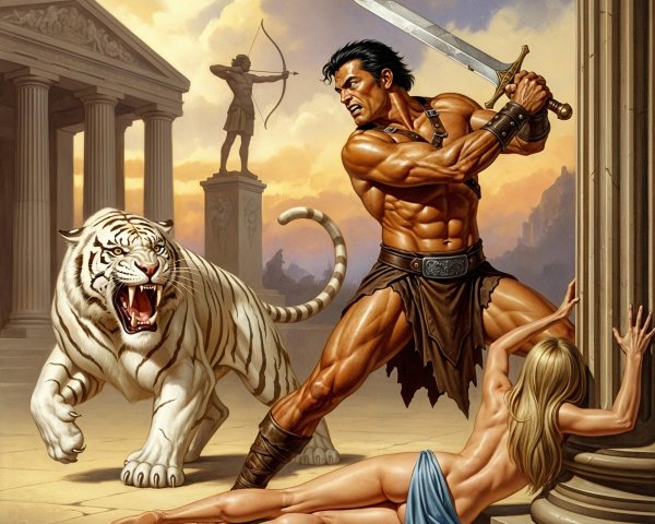 Warrior Battles Tiger in Ancient Architectural Setting