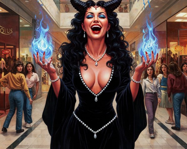 Woman with horns and flames in a mall setting