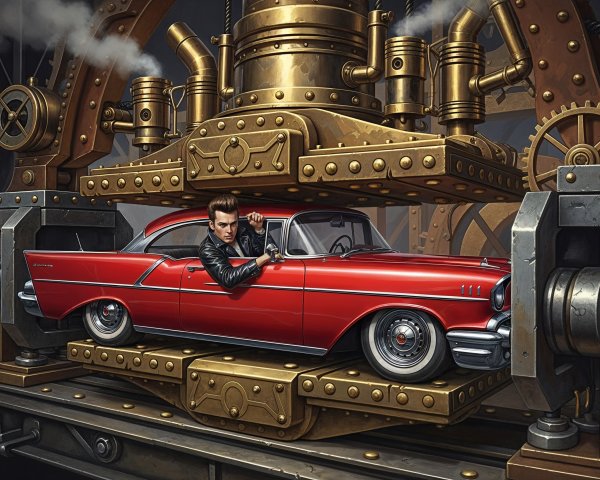 Steampunk Scene with Classic Red Car and Machinery