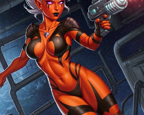 Fierce Character in Sci-Fi Setting with Blaster