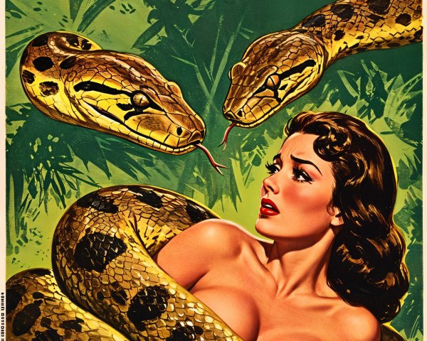 Vintage Illustration of Woman with Snakes in Jungle