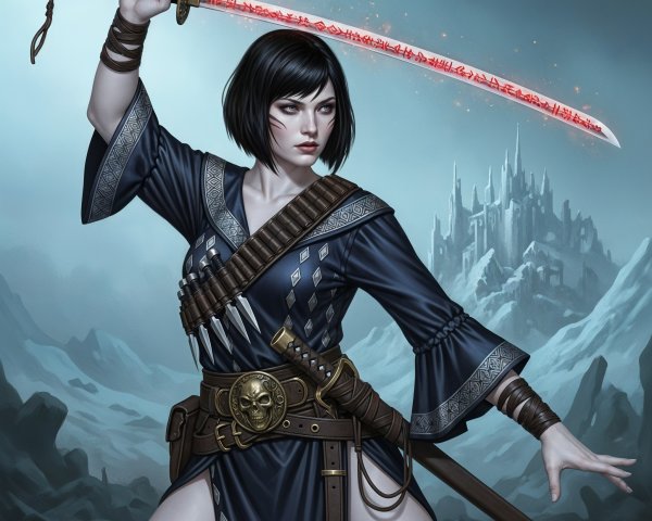 Female warrior with glowing sword in snowy landscape