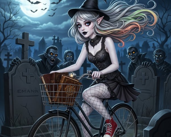 Whimsical Graveyard Scene with Elfin Girl on Bicycle