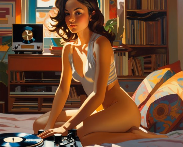 Young Woman Enjoys Vinyl Music in Cozy Bedroom Setting