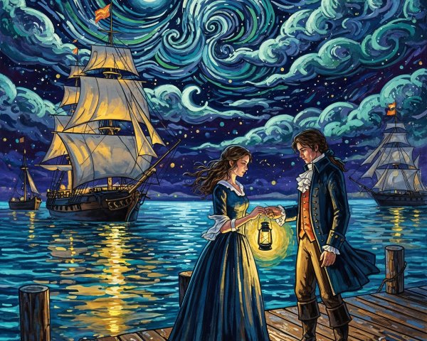 Couple on Dock Under Starry Night and Full Moon